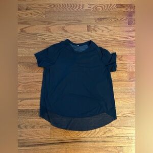 Lululemon Open Back Navy Blue Workout Top – XS/Small, Mesh Hem, Athleisure Tee